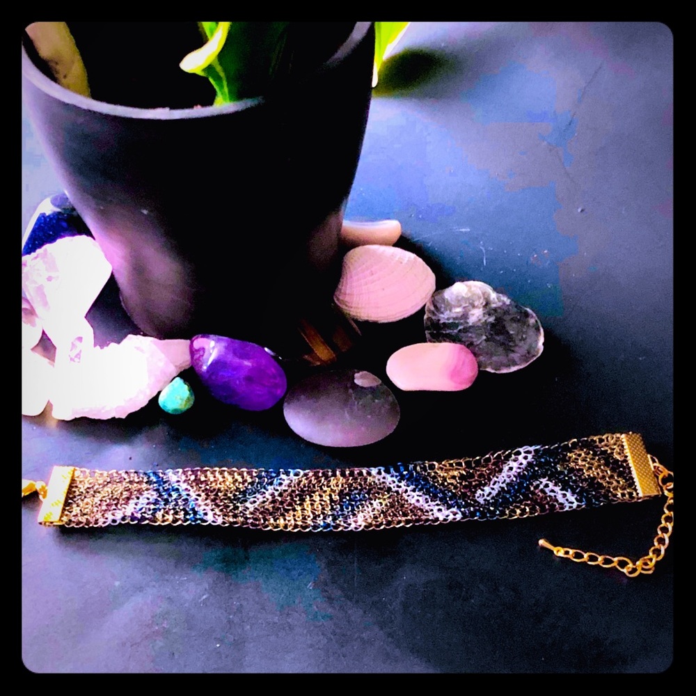 7.5” Handmade Gold Wire Mesh Hand Painted Bracelet